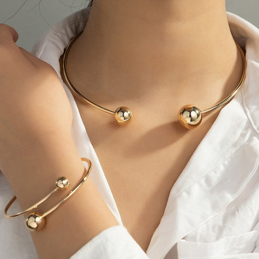 Gold & Silver Open-End Ball Bangle Bracelet