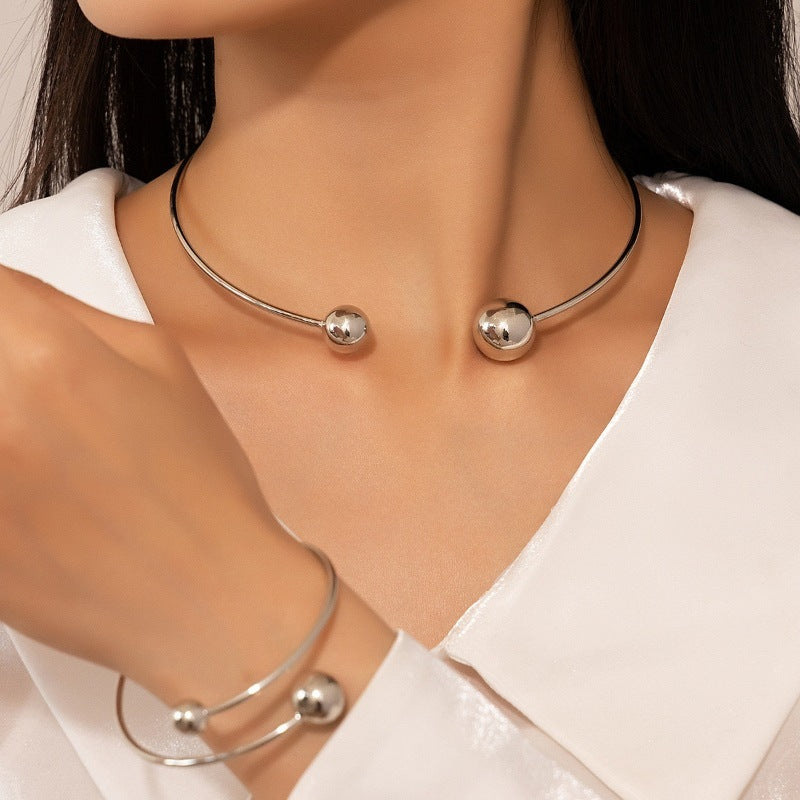 Gold & Silver Open-End Ball Bangle Bracelet