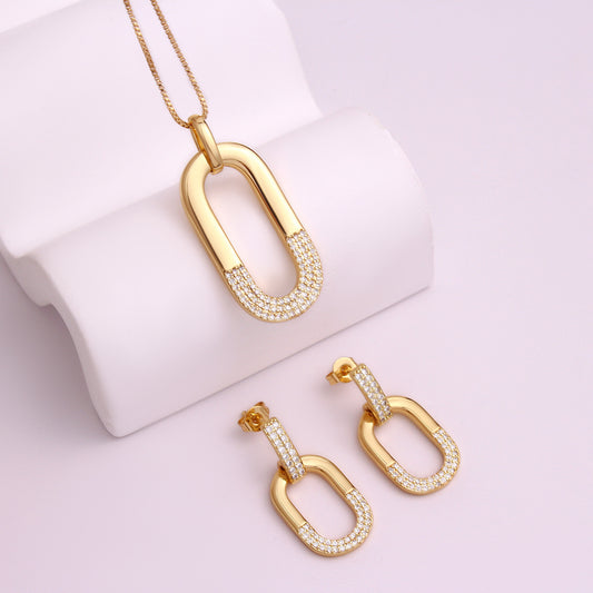 Oval Inlaid Zircon Necklace & Earrings Set