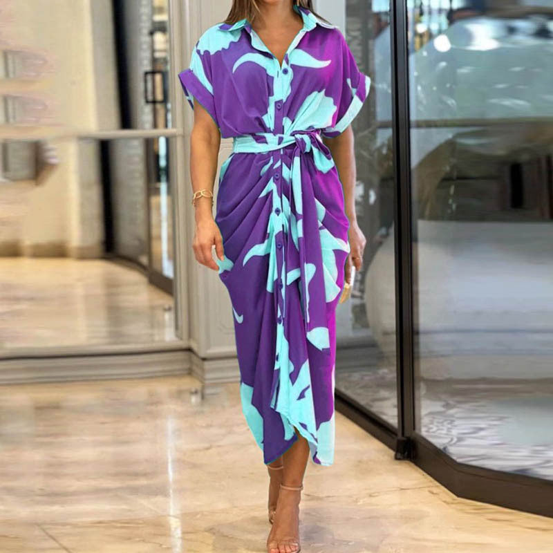 Women's Printed Lapel Blouse Dress